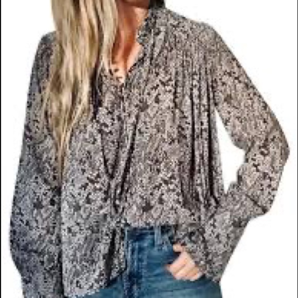 Free People Muse Snakeskin Python Button Front Long Sleeve Top Peasant Small